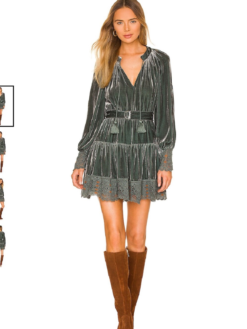 Ulla Johnson Olive Green Velvet Tie-Waist Mini Dress